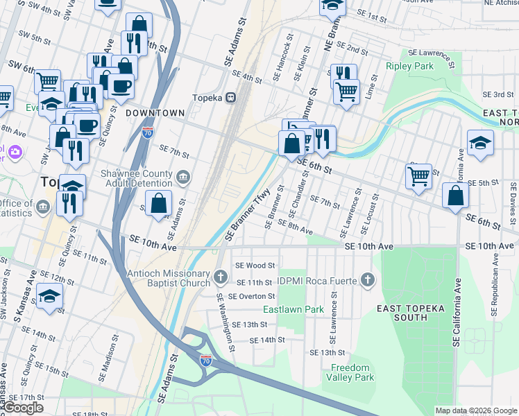 map of restaurants, bars, coffee shops, grocery stores, and more near 717 Southeast Branner Street in Topeka