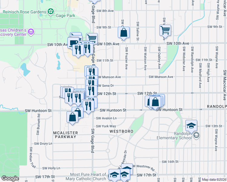 map of restaurants, bars, coffee shops, grocery stores, and more near 3803 Southwest Sena Drive in Topeka