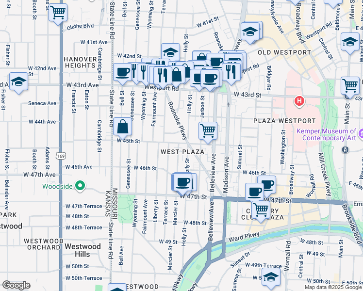 map of restaurants, bars, coffee shops, grocery stores, and more near 1114 West 45th Street in Kansas City