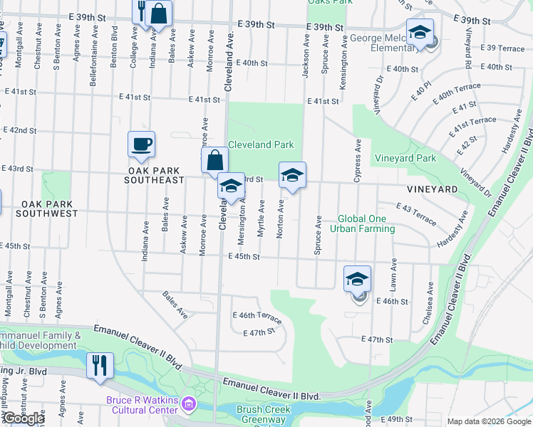 map of restaurants, bars, coffee shops, grocery stores, and more near 4333 Myrtle Avenue in Kansas City