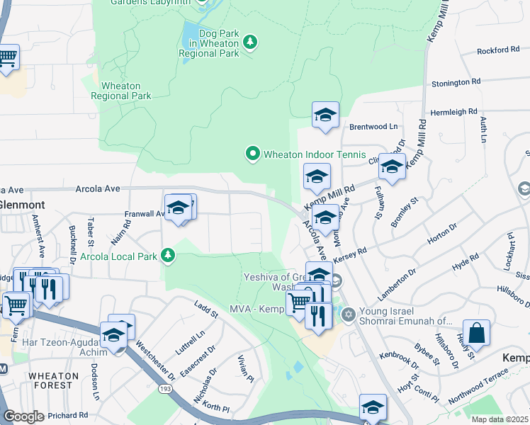 map of restaurants, bars, coffee shops, grocery stores, and more near 11531 Colt Terrace in Silver Spring