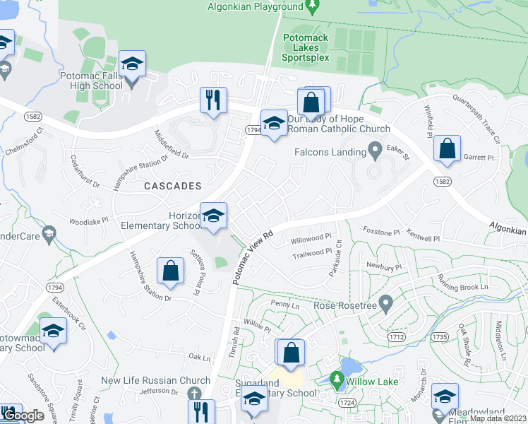map of restaurants, bars, coffee shops, grocery stores, and more near 46736 Oakmere Terrace in Sterling
