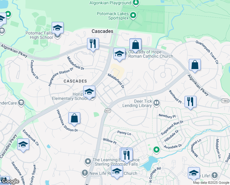 map of restaurants, bars, coffee shops, grocery stores, and more near 46736 Oakmere Terrace in Sterling