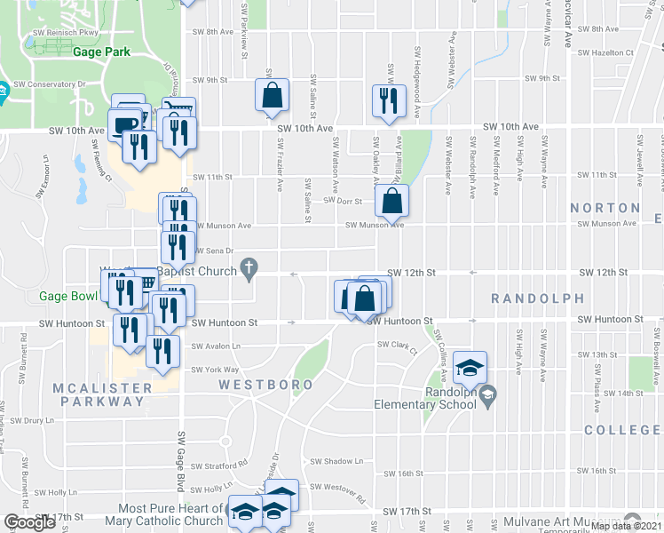 map of restaurants, bars, coffee shops, grocery stores, and more near 3142 Southwest 12th Street in Topeka