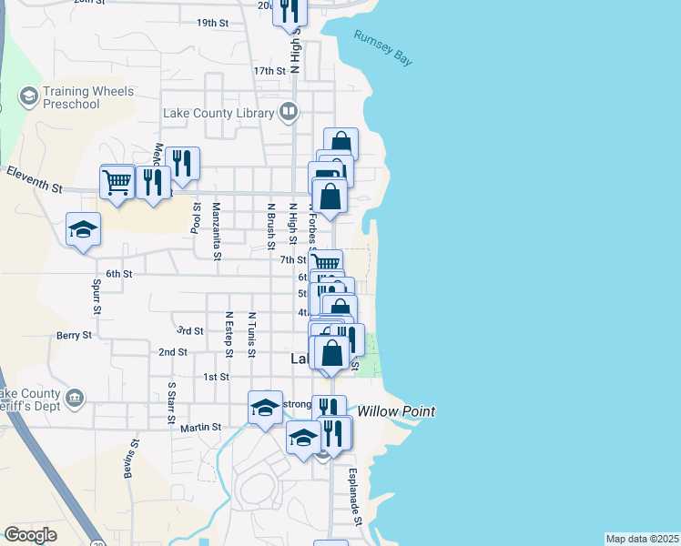 map of restaurants, bars, coffee shops, grocery stores, and more near 800 North Main Street in Lakeport