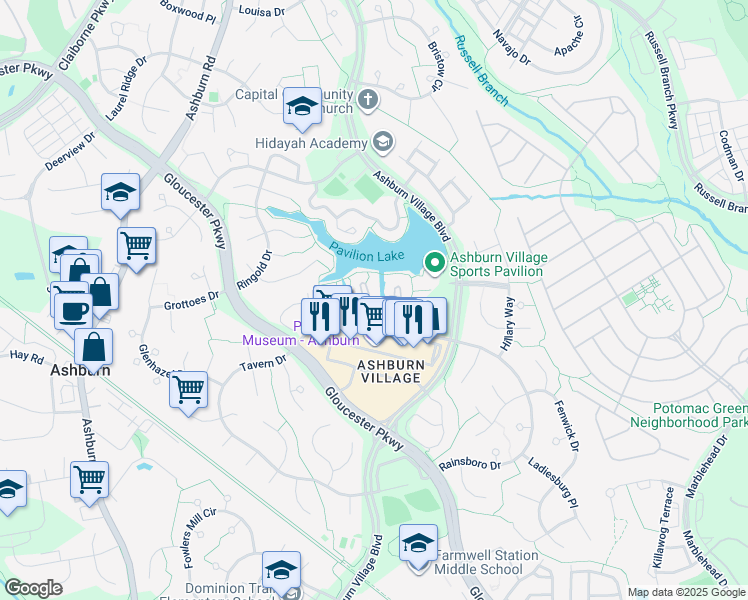 map of restaurants, bars, coffee shops, grocery stores, and more near 20604 Cornstalk Terrace in Ashburn