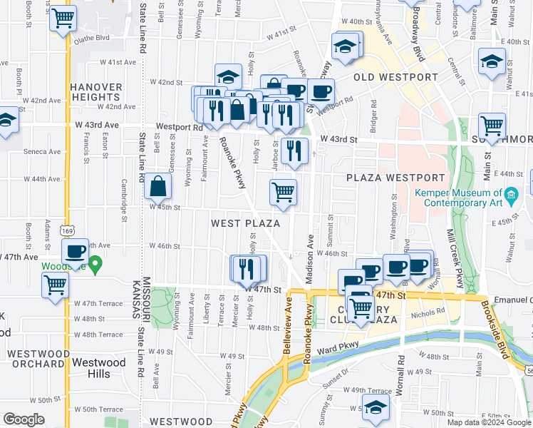 map of restaurants, bars, coffee shops, grocery stores, and more near 1114 West 45th Street in Kansas City