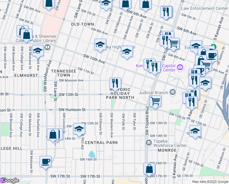 map of restaurants, bars, coffee shops, grocery stores, and more near 1121 Southwest Western Avenue in Topeka