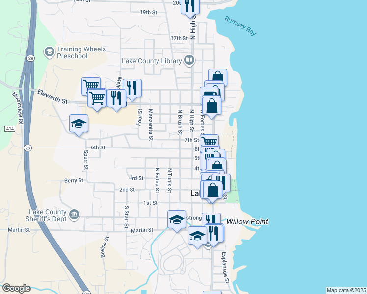 map of restaurants, bars, coffee shops, grocery stores, and more near 370 6th Street in Lakeport