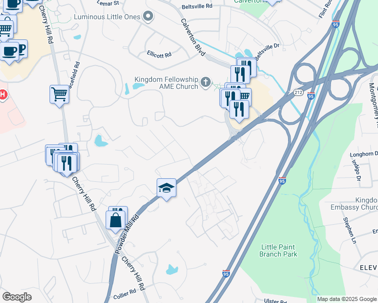 map of restaurants, bars, coffee shops, grocery stores, and more near 11407 Allview Drive in Beltsville