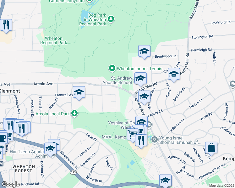map of restaurants, bars, coffee shops, grocery stores, and more near 11531 Colt Terrace in Silver Spring