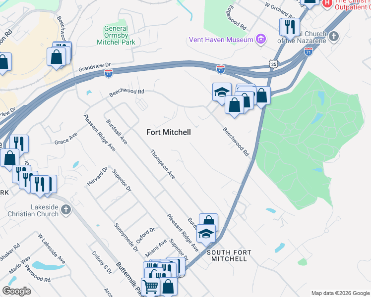 map of restaurants, bars, coffee shops, grocery stores, and more near 61 Woodlawn Avenue in Fort Mitchell