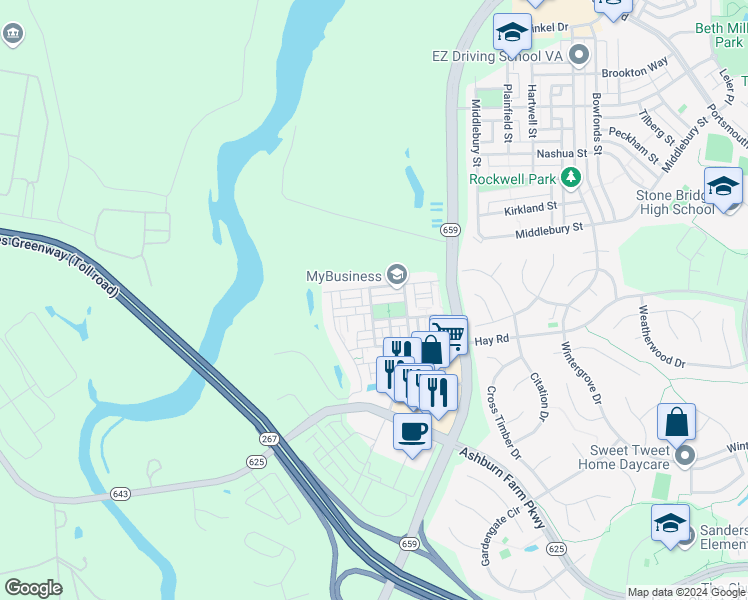 map of restaurants, bars, coffee shops, grocery stores, and more near 42720 Tunstall Terrace in Ashburn