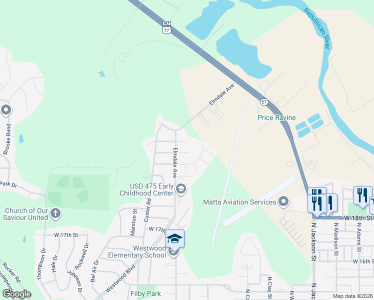map of restaurants, bars, coffee shops, grocery stores, and more near 1118 West 20th Circle in Junction City