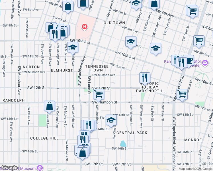 map of restaurants, bars, coffee shops, grocery stores, and more near 1179 Southwest Buchanan Street in Topeka