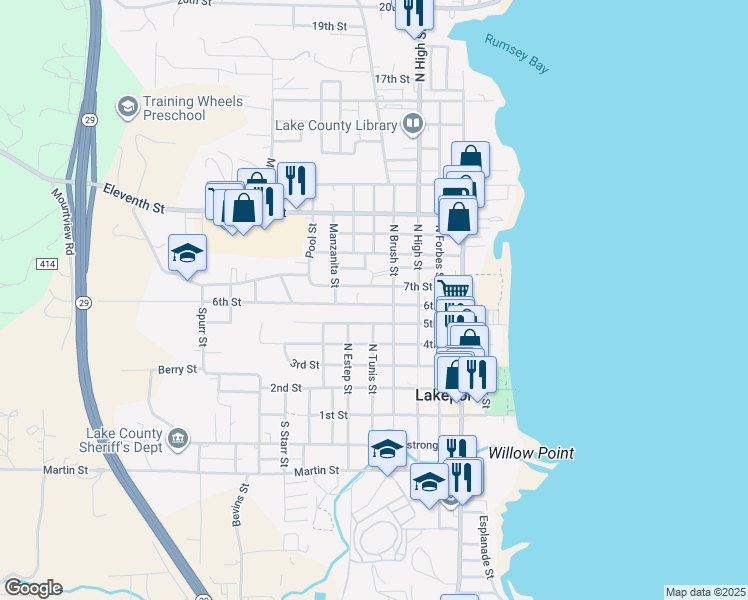 map of restaurants, bars, coffee shops, grocery stores, and more near 510 6th Street in Lakeport