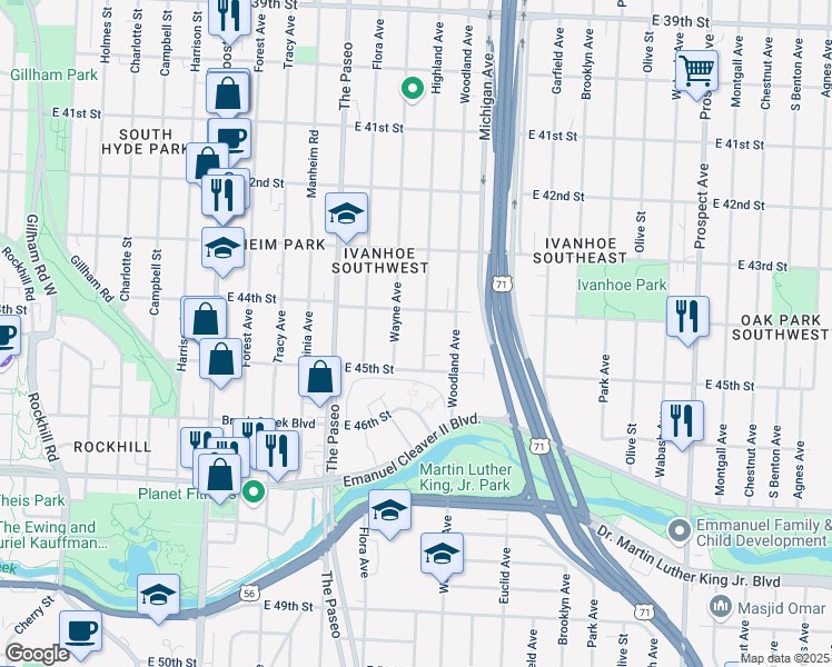 map of restaurants, bars, coffee shops, grocery stores, and more near 4409 Highland Avenue in Kansas City