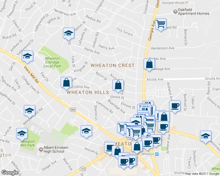map of restaurants, bars, coffee shops, grocery stores, and more near 2711 Dawson Ave in Wheaton-Glenmont