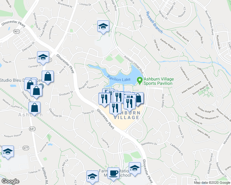 map of restaurants, bars, coffee shops, grocery stores, and more near 20601 Cornstalk Terrace in Ashburn