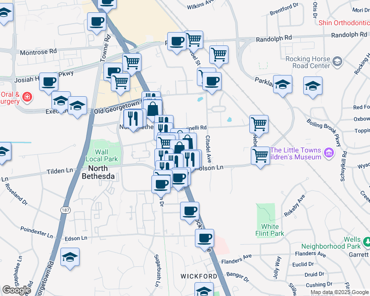 map of restaurants, bars, coffee shops, grocery stores, and more near 11545 Rockville Pike in Rockville