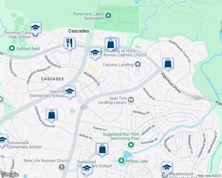 map of restaurants, bars, coffee shops, grocery stores, and more near 46811 Lawnes Creek Terrace in Sterling