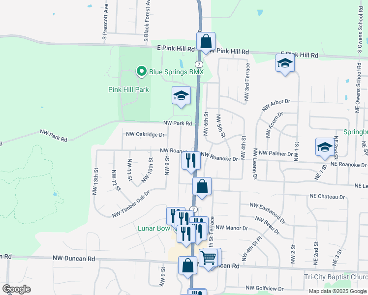 map of restaurants, bars, coffee shops, grocery stores, and more near 2408 Northwest 8 Street in Blue Springs