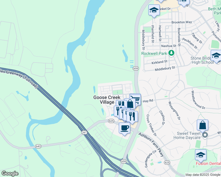 map of restaurants, bars, coffee shops, grocery stores, and more near 20621 Smollet Terrace in Ashburn