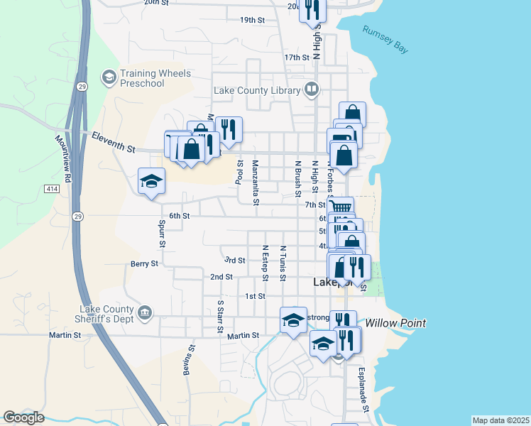 map of restaurants, bars, coffee shops, grocery stores, and more near 600 6th Street in Lakeport