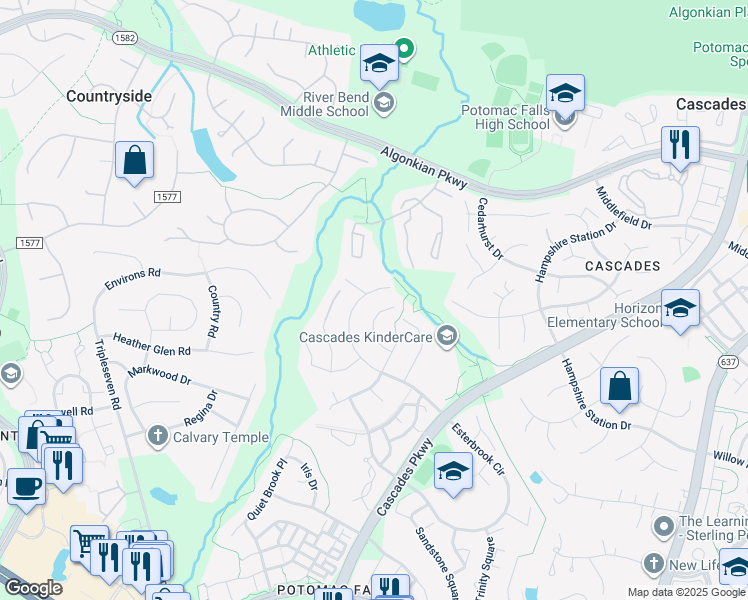 map of restaurants, bars, coffee shops, grocery stores, and more near 20612 Cutwater Place in Sterling