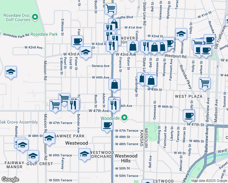 map of restaurants, bars, coffee shops, grocery stores, and more near 4462 Francis Street in Kansas City