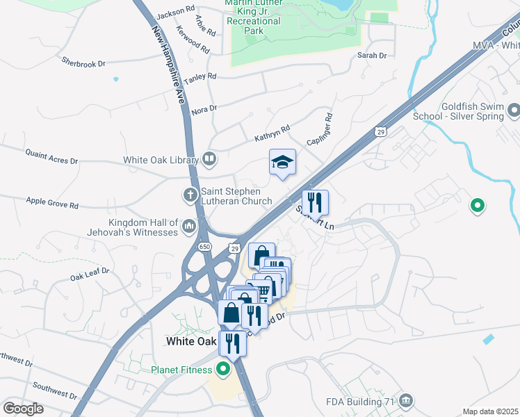 map of restaurants, bars, coffee shops, grocery stores, and more near 1170 Milestone Drive in Silver Spring