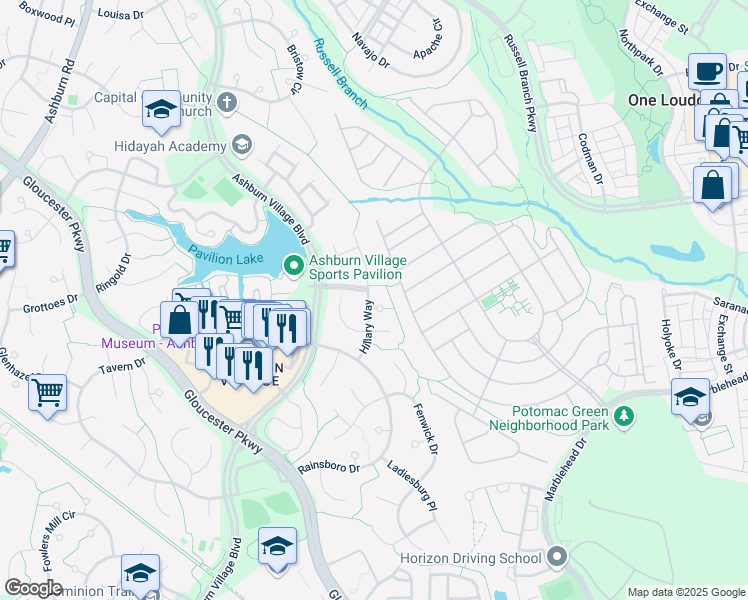 map of restaurants, bars, coffee shops, grocery stores, and more near 20591 Hillary Way in Ashburn