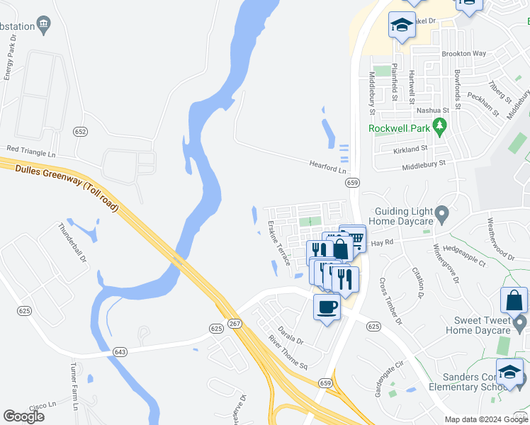 map of restaurants, bars, coffee shops, grocery stores, and more near 20617 Erskine Terrace in Ashburn