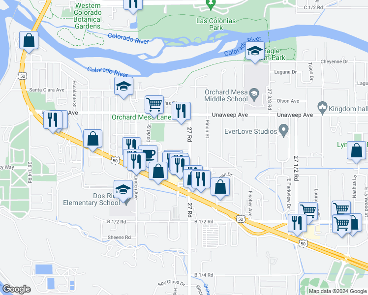 map of restaurants, bars, coffee shops, grocery stores, and more near 2694 Milo Drive in Grand Junction