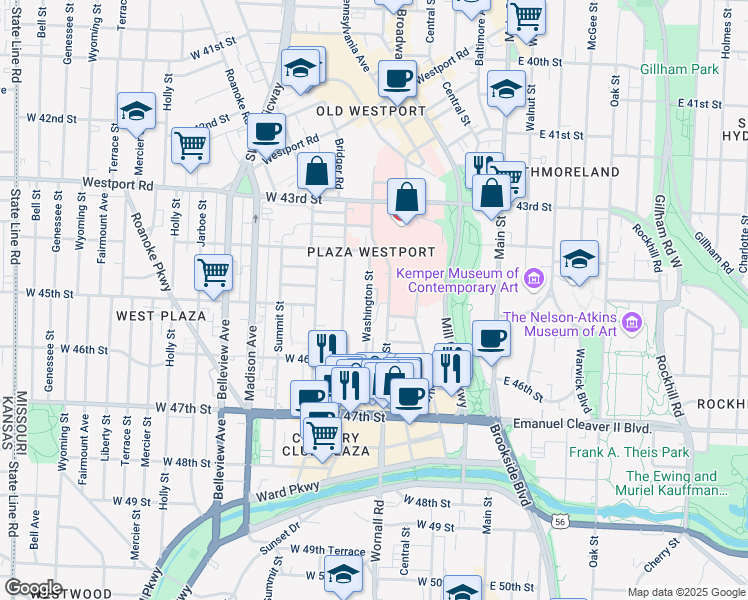 map of restaurants, bars, coffee shops, grocery stores, and more near 4438 Broadway Boulevard in Kansas City