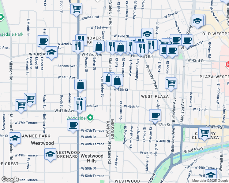 map of restaurants, bars, coffee shops, grocery stores, and more near 1714 West 45th Street in Kansas City