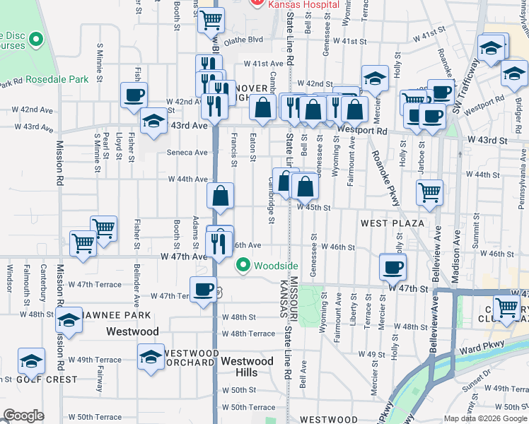 map of restaurants, bars, coffee shops, grocery stores, and more near 4461 Eaton Street in Kansas City