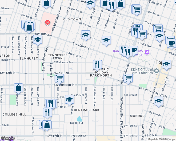 map of restaurants, bars, coffee shops, grocery stores, and more near 1185 Southwest Fillmore Street in Topeka