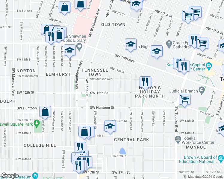 map of restaurants, bars, coffee shops, grocery stores, and more near 1179 Southwest Buchanan Street in Topeka