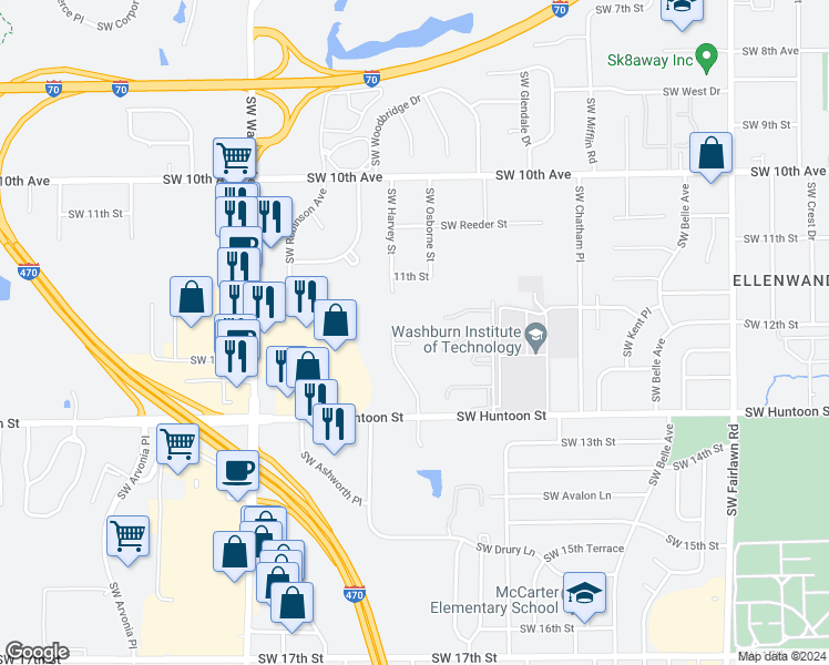 map of restaurants, bars, coffee shops, grocery stores, and more near 5814 Southwest 12th Street in Topeka