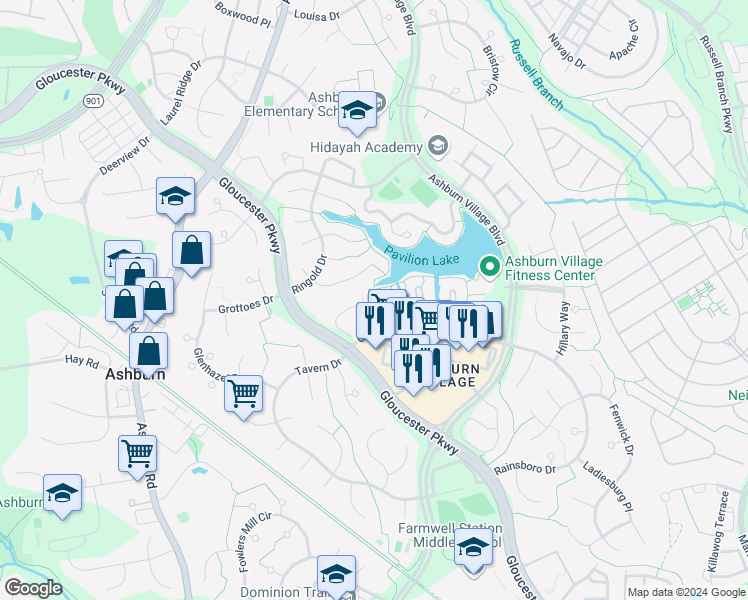 map of restaurants, bars, coffee shops, grocery stores, and more near 44090 Natalie Terrace in Ashburn