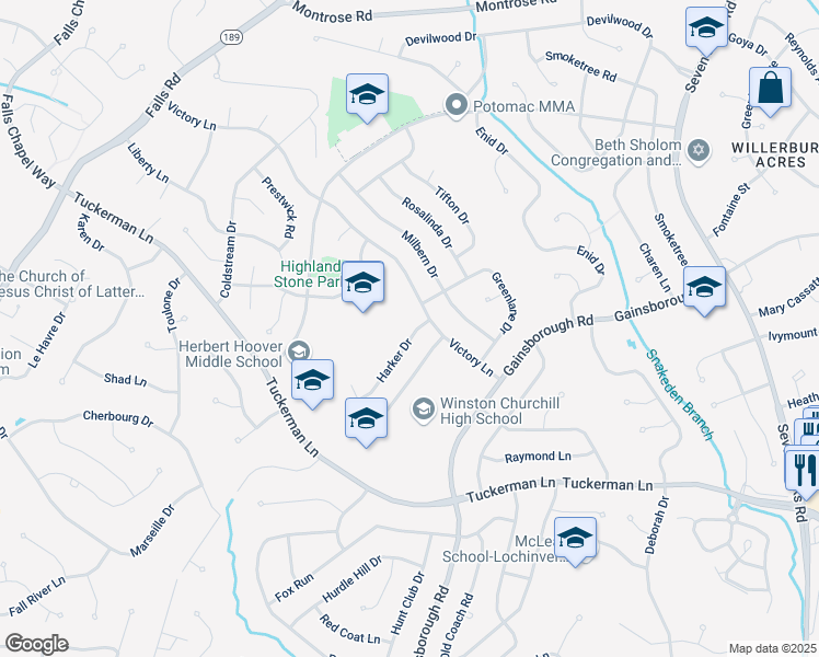 map of restaurants, bars, coffee shops, grocery stores, and more near 8405 Harker Drive in Rockville