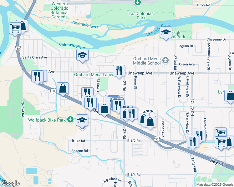 map of restaurants, bars, coffee shops, grocery stores, and more near 2694 Milo Drive in Grand Junction