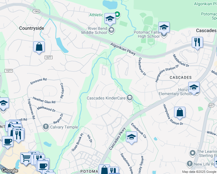 map of restaurants, bars, coffee shops, grocery stores, and more near 20612 Cutwater Place in Sterling