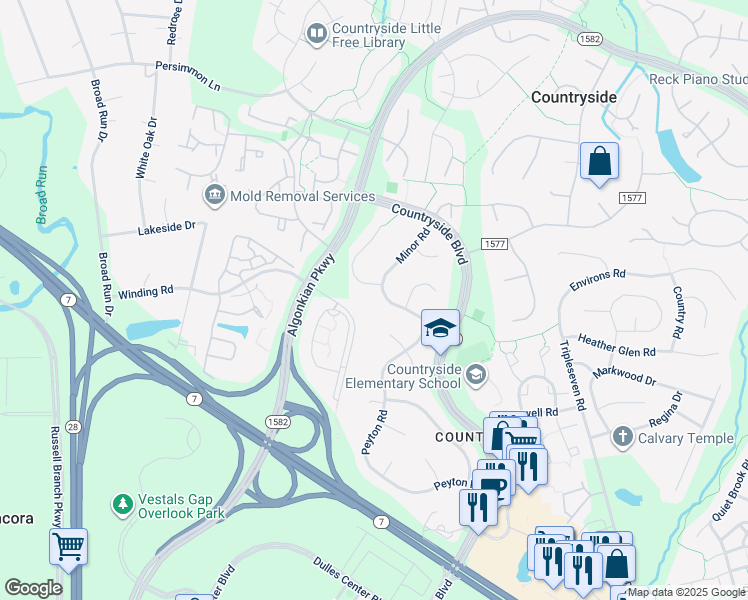 map of restaurants, bars, coffee shops, grocery stores, and more near 115 Minor Road in Sterling