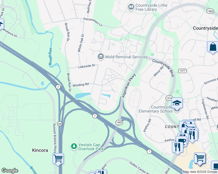 map of restaurants, bars, coffee shops, grocery stores, and more near 45545 Clear Spring Terrace in Sterling