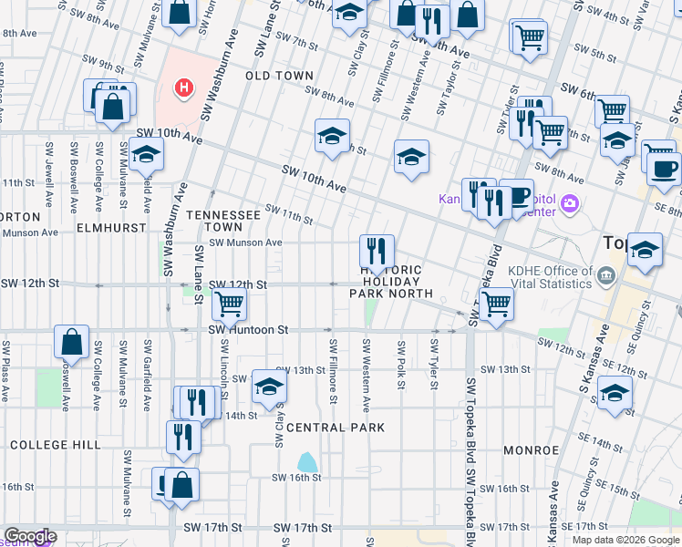 map of restaurants, bars, coffee shops, grocery stores, and more near 1185 Southwest Fillmore Street in Topeka
