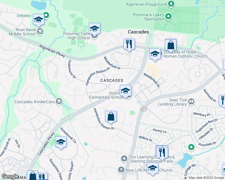 map of restaurants, bars, coffee shops, grocery stores, and more near 46579 Carlyle Court in Sterling