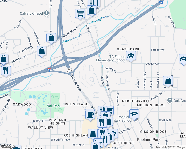 map of restaurants, bars, coffee shops, grocery stores, and more near 3114 Woodview Ridge Drive in Kansas City
