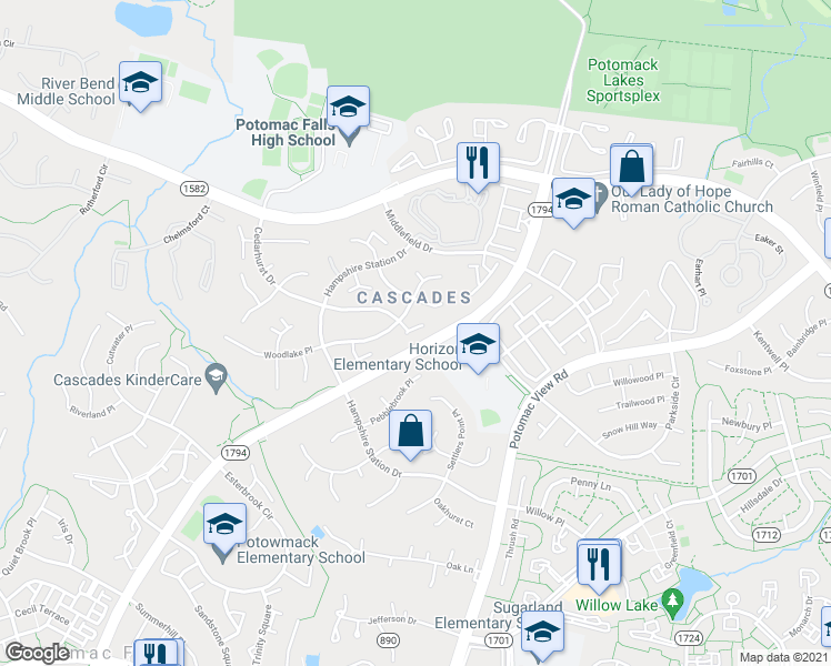 map of restaurants, bars, coffee shops, grocery stores, and more near 46579 Carlyle Court in Sterling
